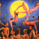 Surreal painting of naked figures floating towards giant sun