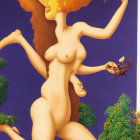 Surreal painting of nude red-haired female with glowing orange behind head