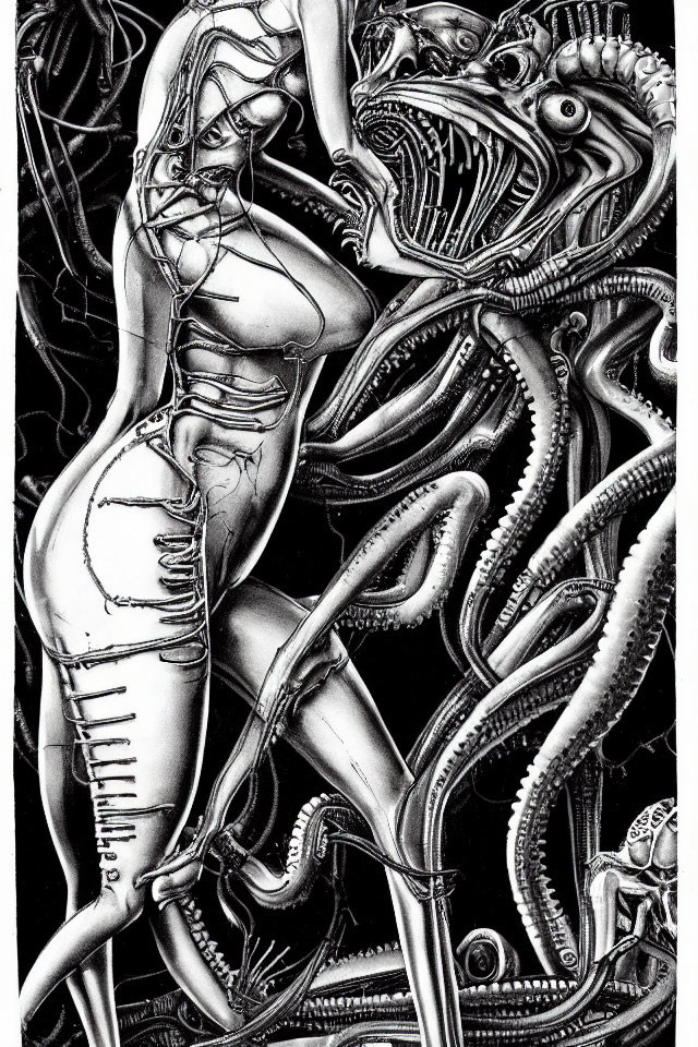 Monochrome biomechanical artwork with human figure and alien creatures