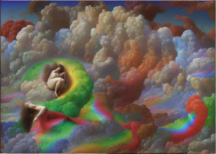 Surreal painting of human figures on vibrant clouds with ethereal rainbows