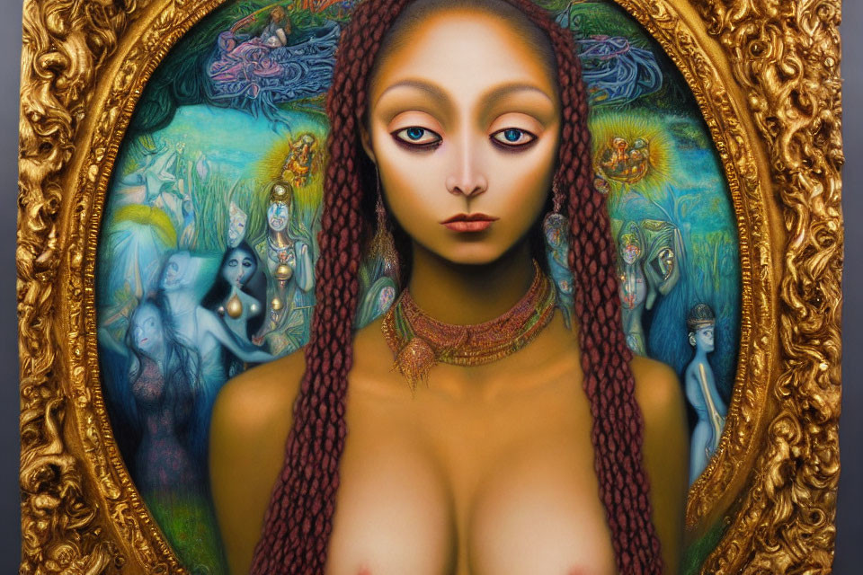 Portrait of a Woman with Expressive Eyes and Ethereal Figures in Ornate Frame