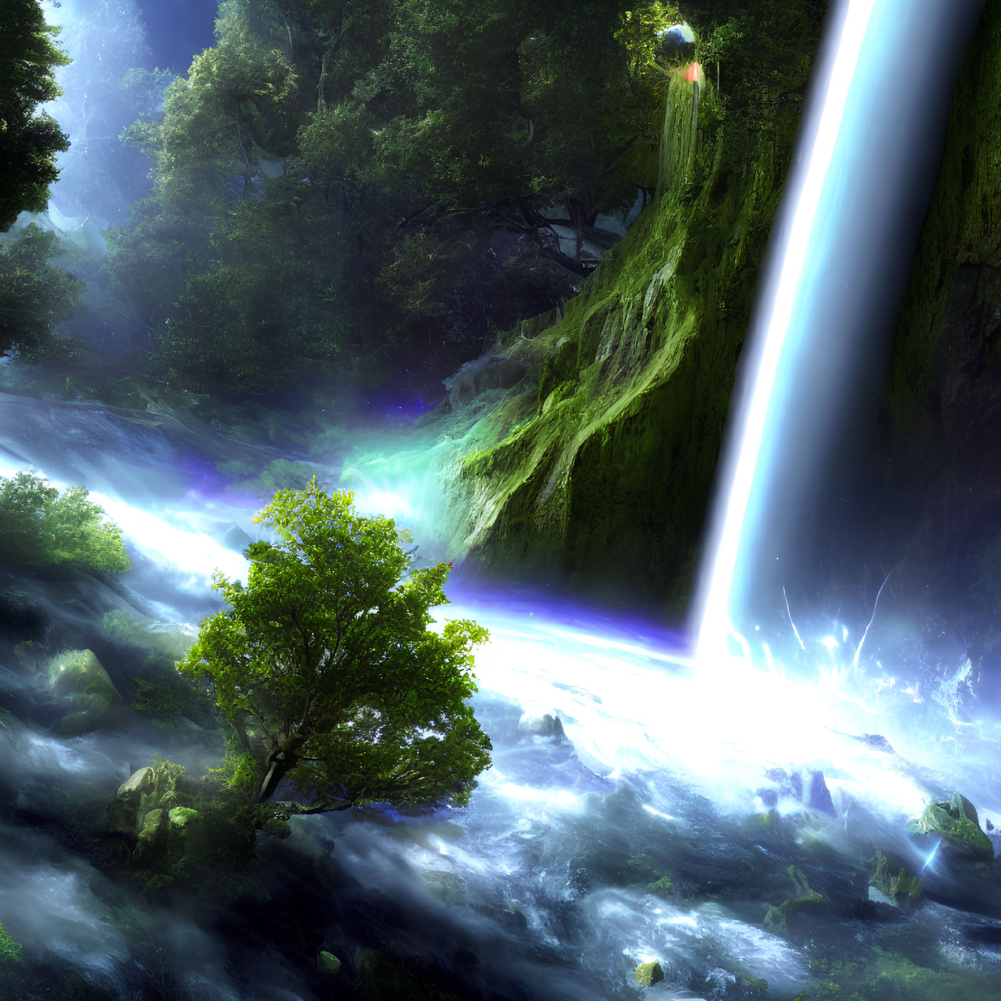 Ethereal forest scene with glowing waterfall and misty atmosphere