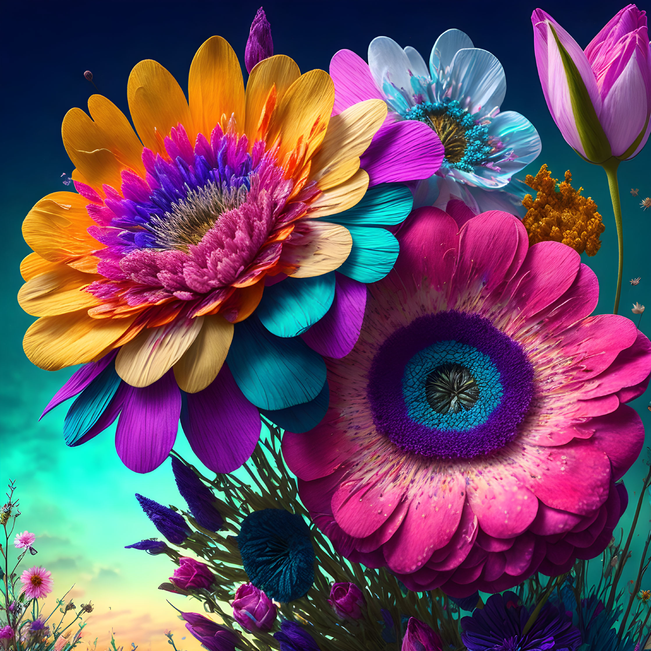 Colorful digitally-enhanced flowers against blue and teal sky with wildflowers