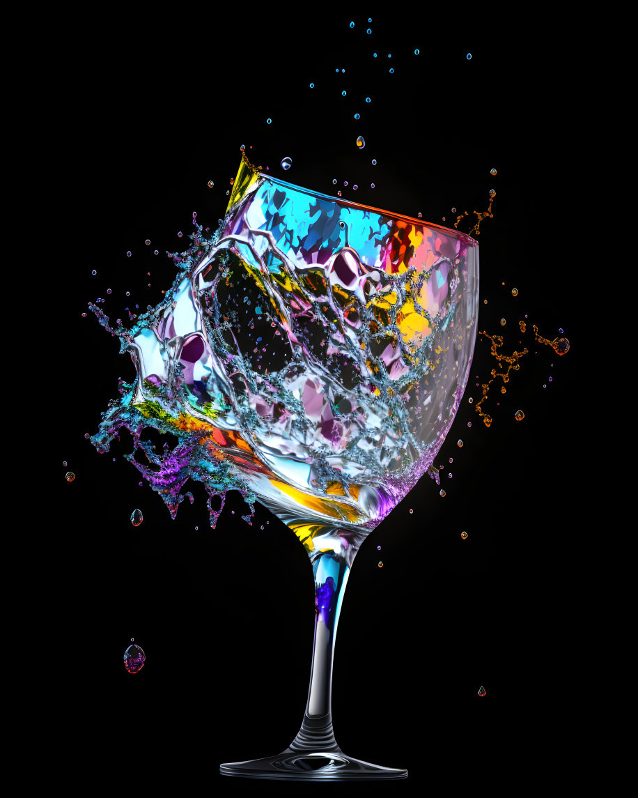 Colorful liquid splash from tipping wine glass on dark background