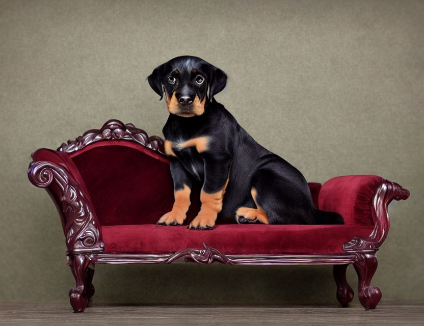 Black and Tan Puppy on Red Velour Couch Against Olive Green Background