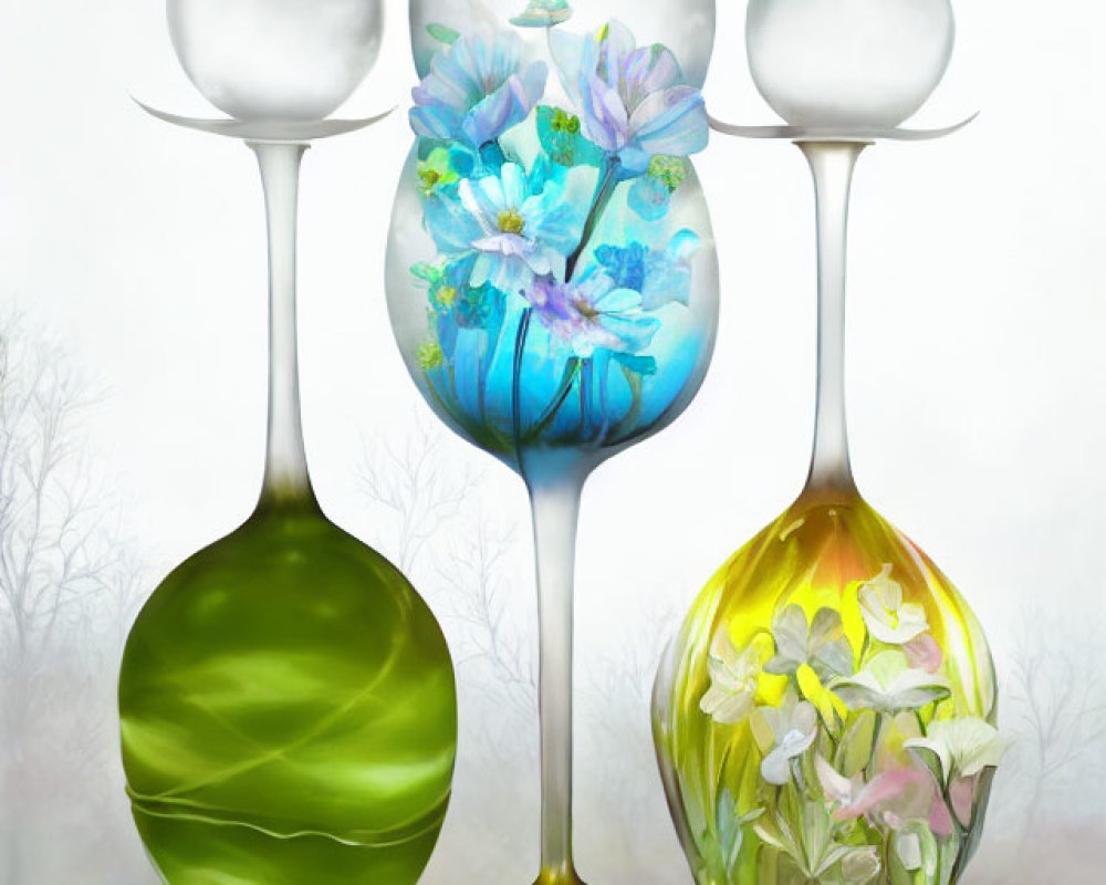 Three elegant glass vases with vibrant flowers on elongated stems against a misty background