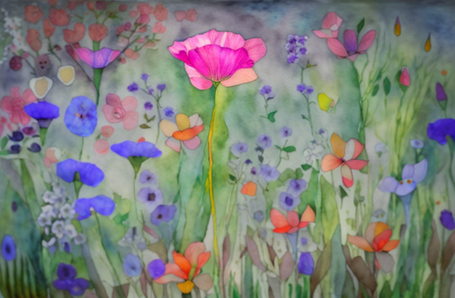 Colorful Watercolor Painting of a Garden with Pink Flower