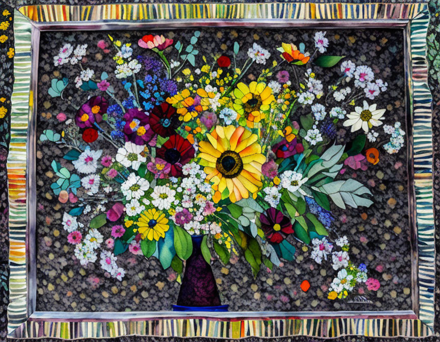 Colorful Mosaic Artwork of Flowers in Vase