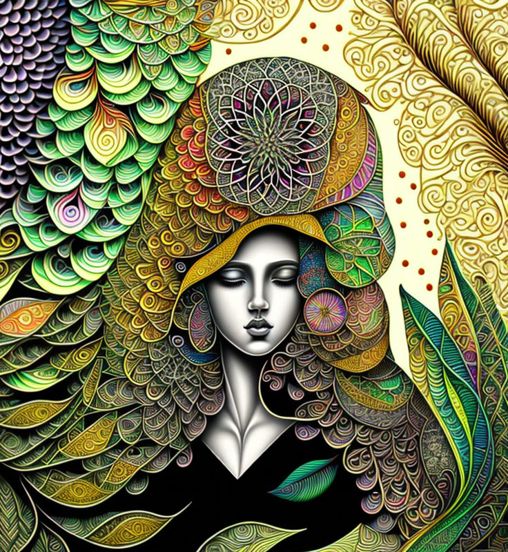 Colorful digital artwork: Serene female figure with vibrant, patterned headdress