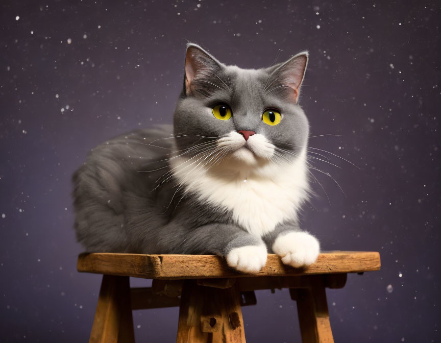 Gray and White Cat with Yellow Eyes on Wooden Stool Against Starry Purple Background