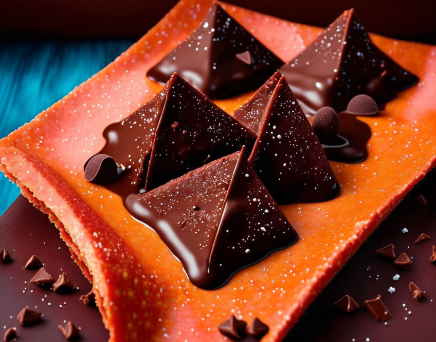 Shiny chocolate triangles with drizzled chocolate on red plate