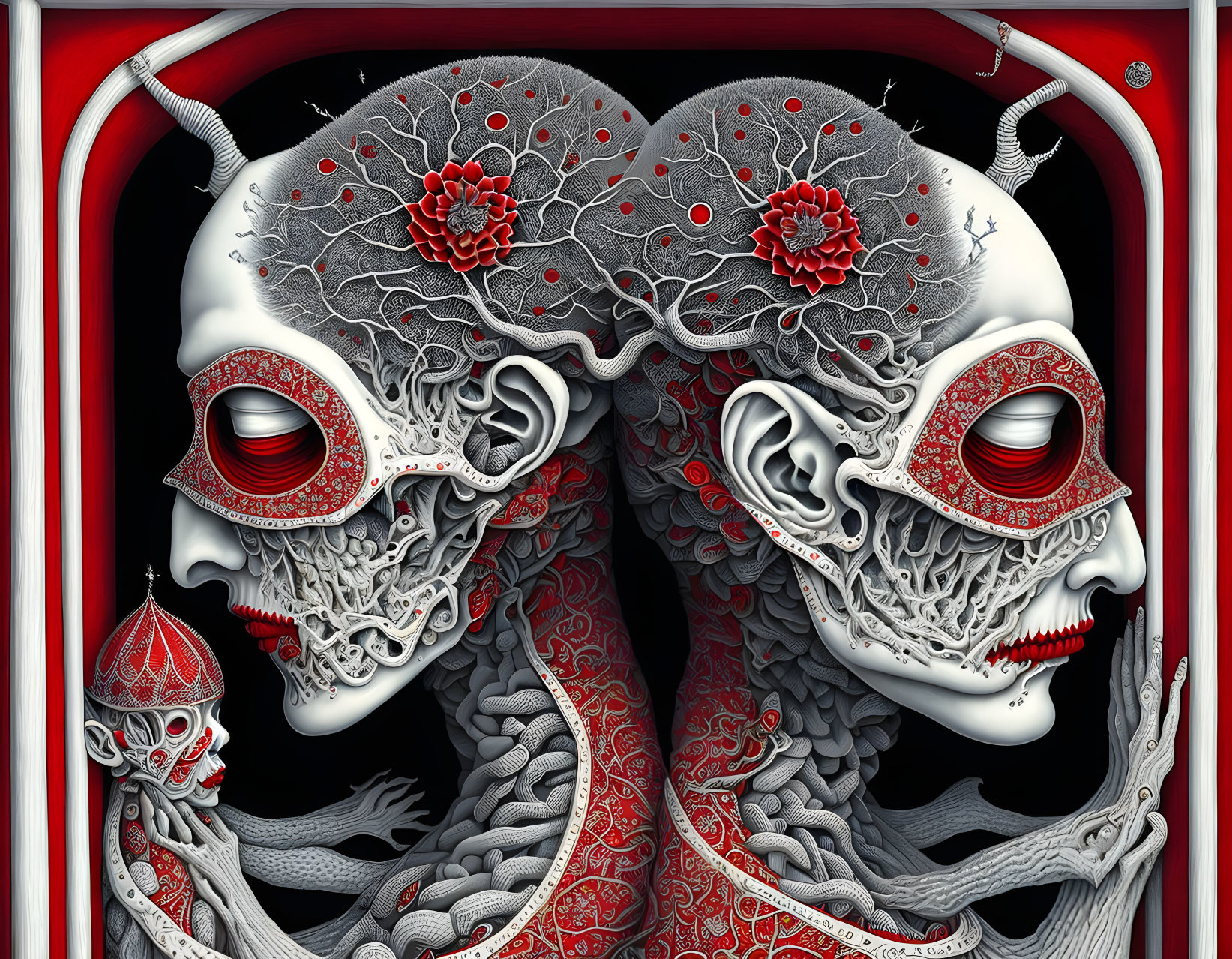 Intricately designed skulls with red and white patterns on tree-like structures, set against red and