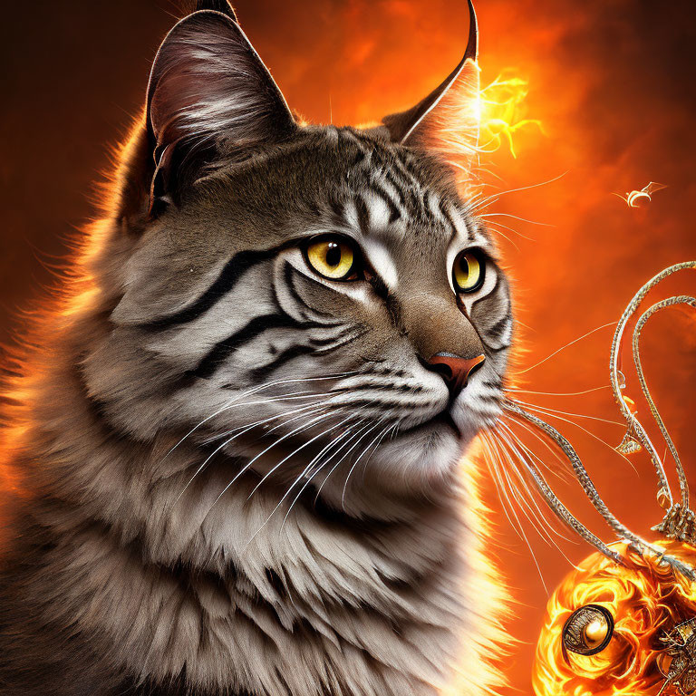 Majestic Striped Cat with Yellow Eyes on Fiery Orange Background