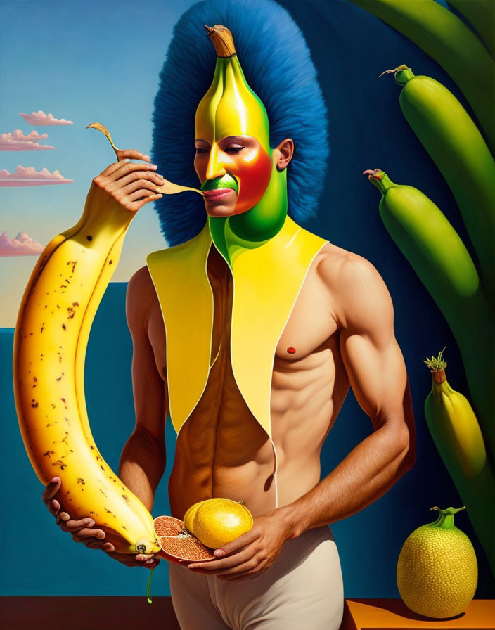 Colorful surreal portrait: Muscular figure with fruit-themed face peeling banana on blue sky backdrop.