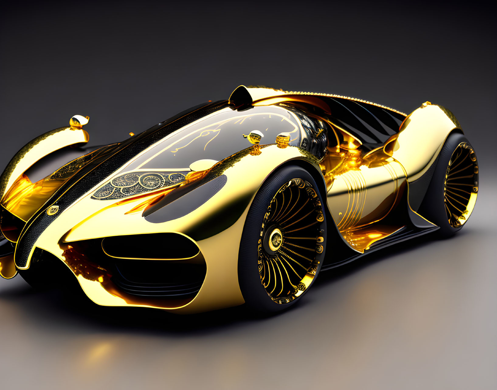 Luxurious Golden Sports Car with Intricate Designs and Black Accents