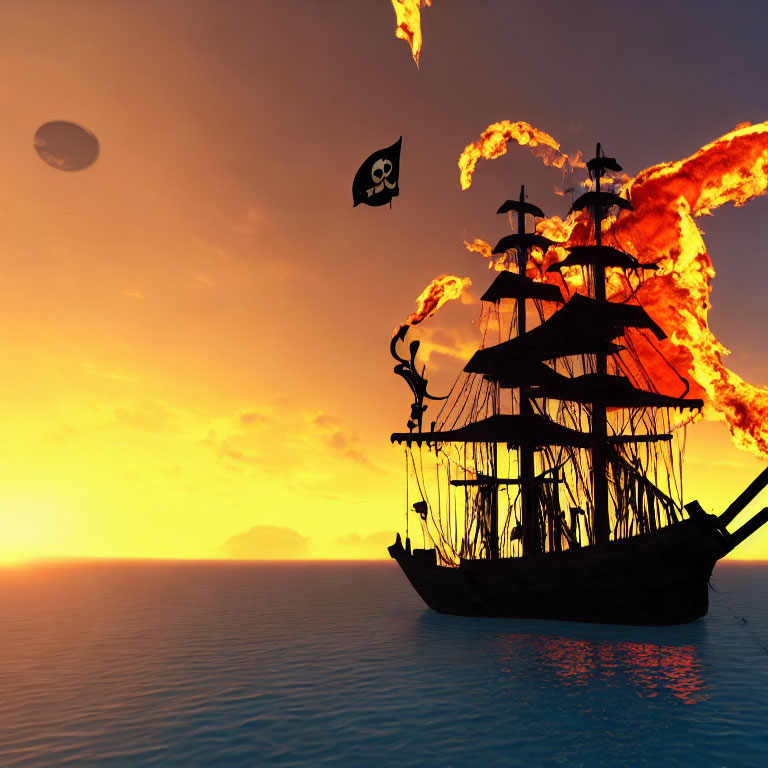 Pirate ship with burning sails on calm sea at sunset