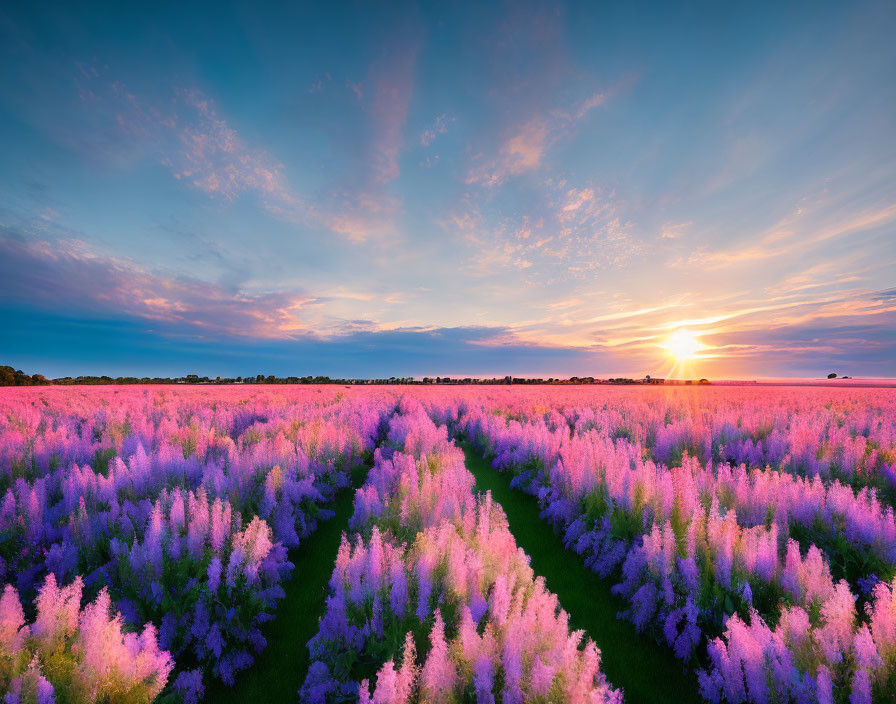 Scenic lavender field at sunset with blue sky and wispy clouds