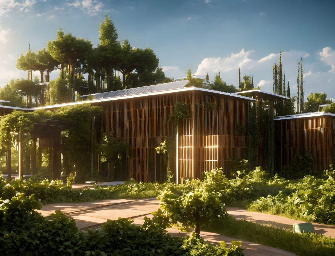 Contemporary wooden structures in green landscape with sunlight filtering through trees