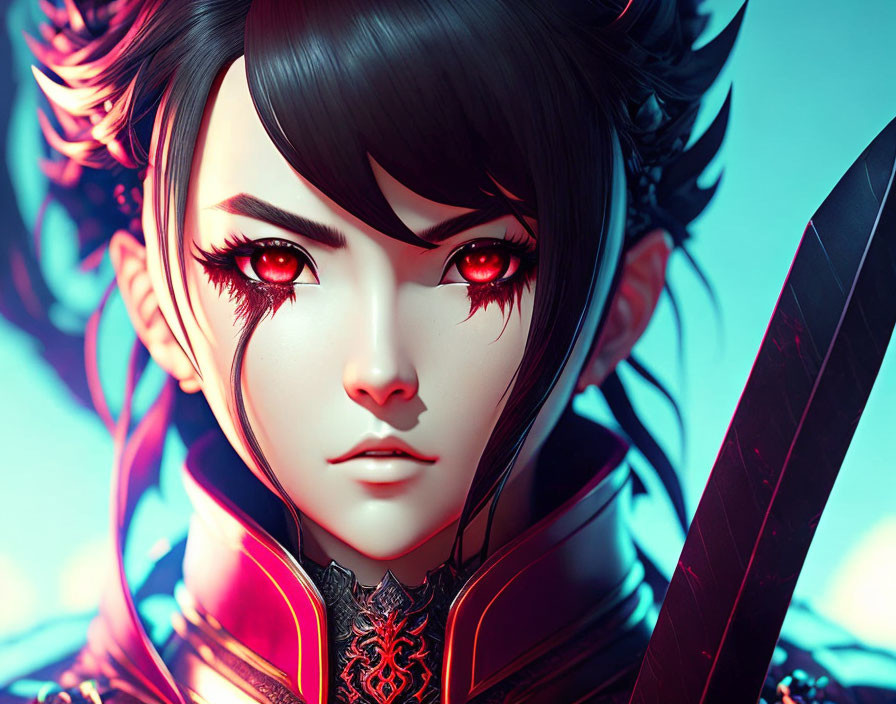 Digital artwork: Fierce female warrior with red eyes, black hair, katana