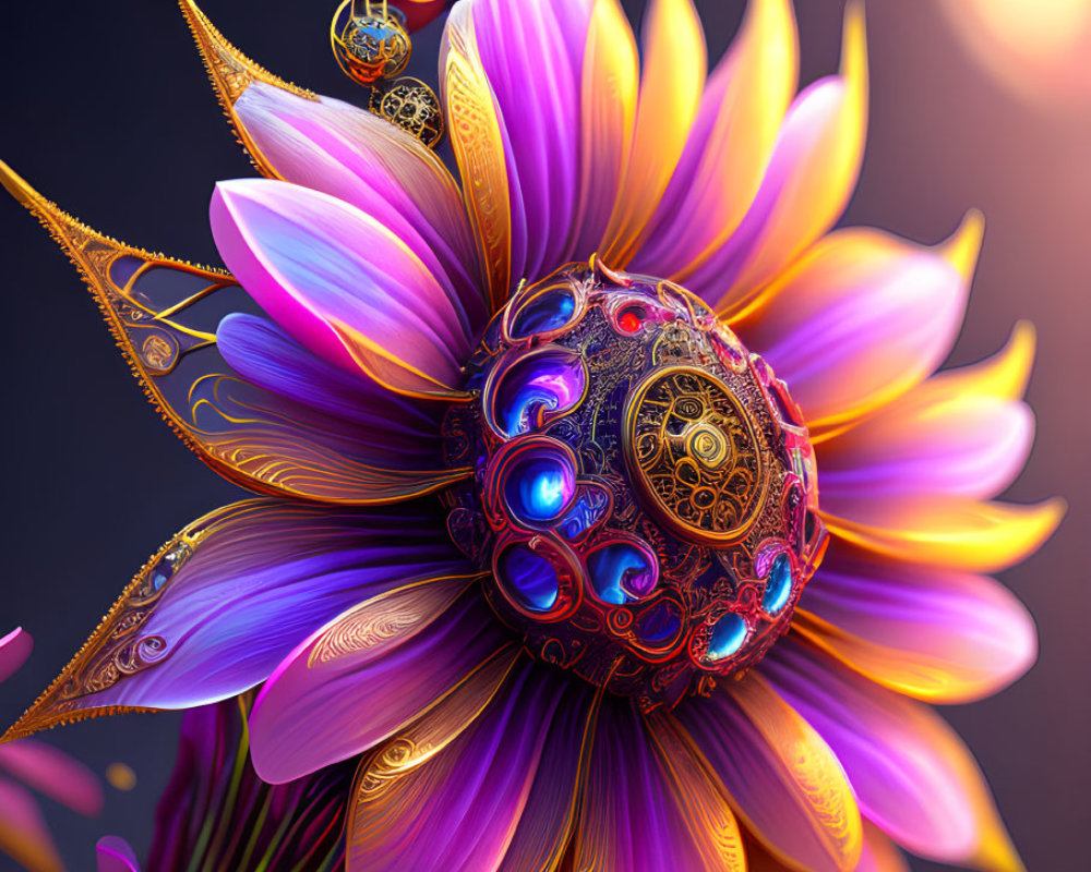 Surreal flower with mechanical and neon elements on dark backdrop