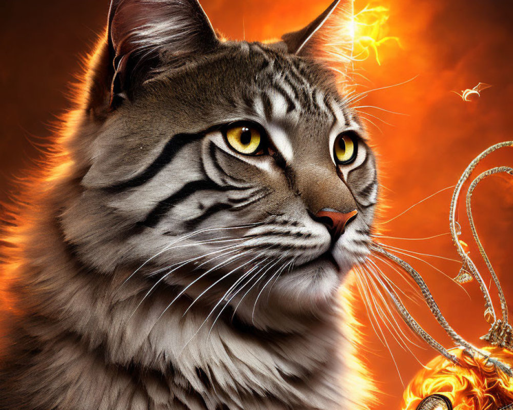 Majestic Striped Cat with Yellow Eyes on Fiery Orange Background