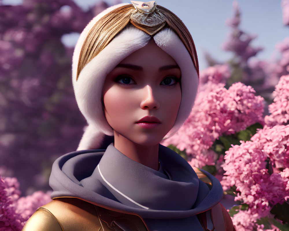 3D-rendered image of female character with owl headpiece in pink blossom setting