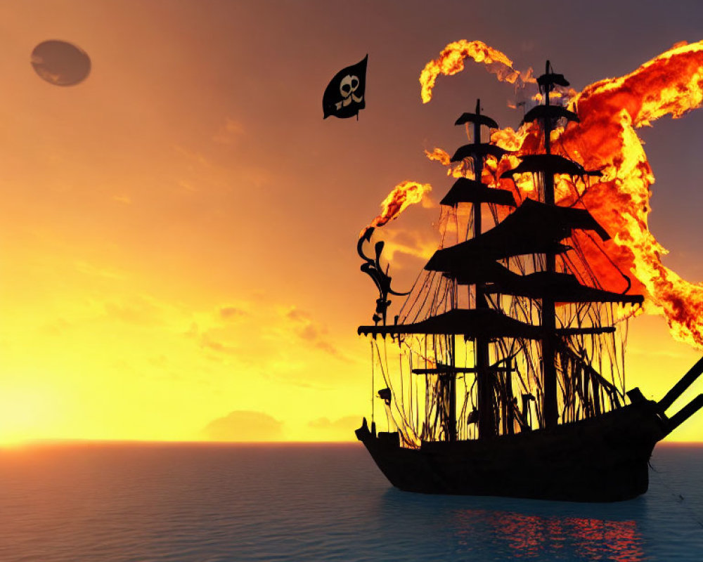 Pirate ship with burning sails on calm sea at sunset