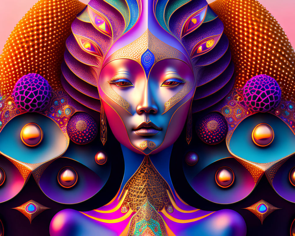 Colorful digital artwork with person in peacock feather headdress.