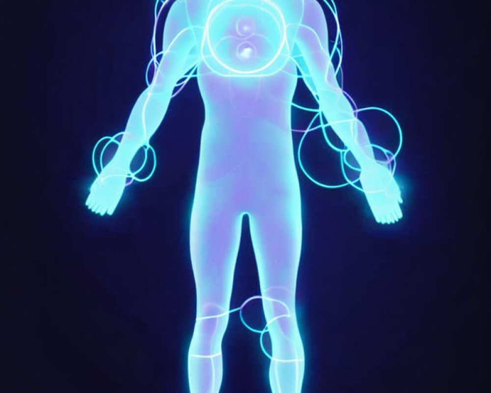 Blue Glowing Human Figure with Energy Circles on Dark Background