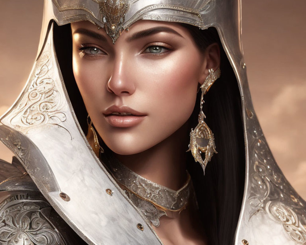 Portrait of woman with dark hair in silver and gold ornate helmet and earrings