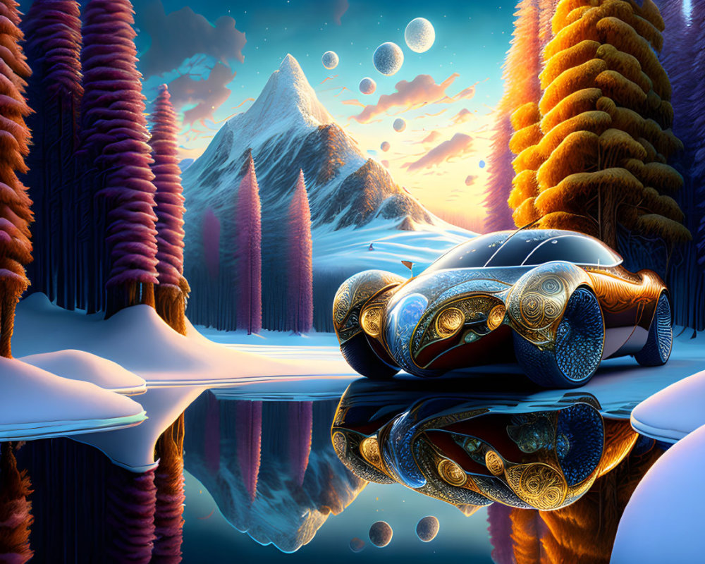 Futuristic car by tranquil lake with vibrant trees and mountain backdrop