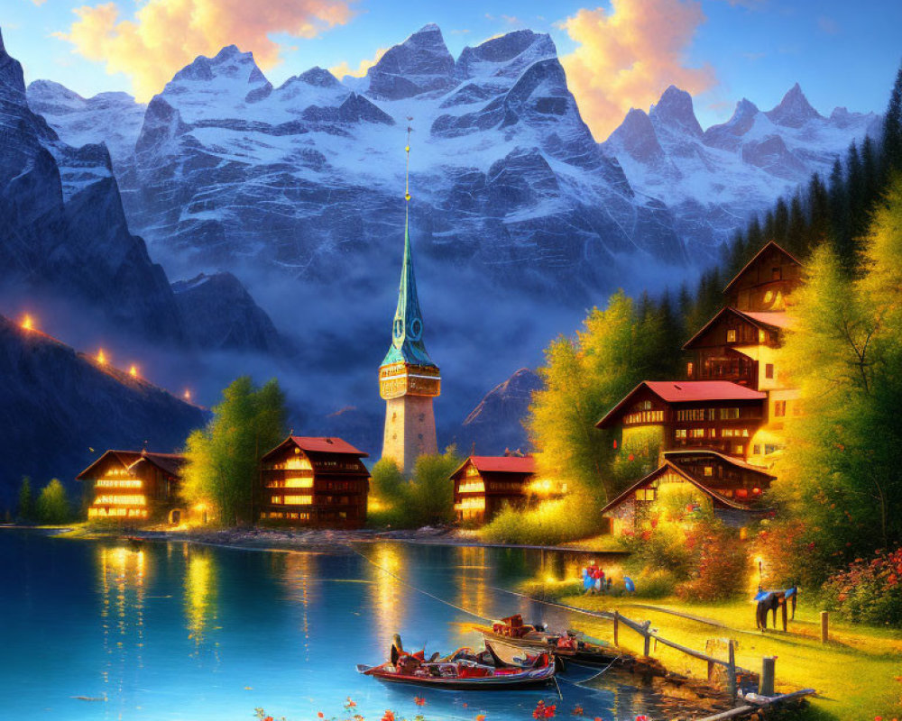 Scenic lakeside village with church spire, chalets, boat dock, flowers, snow-c