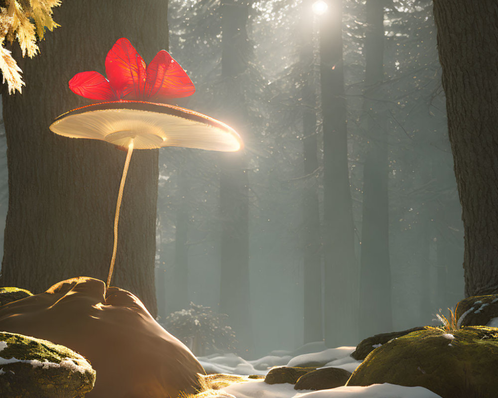 Luminous mushroom shelters butterfly in snowy forest with sunlight.