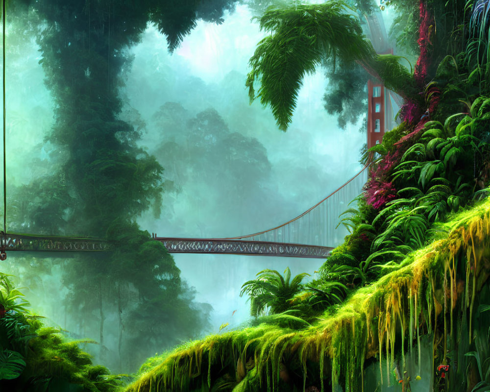 Lush Jungle Scene with Overgrown Bridge and Vibrant Flora