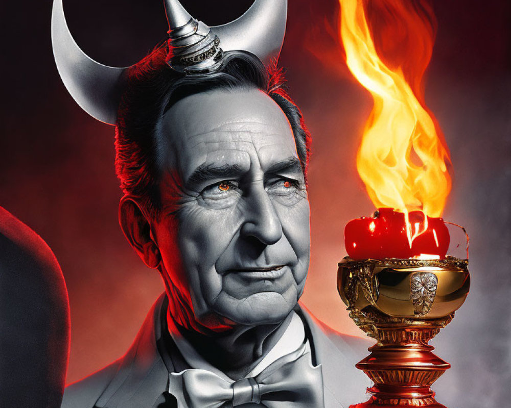 Stylized portrait of man with devil horns in tuxedo and bow tie beside flaming golden gob