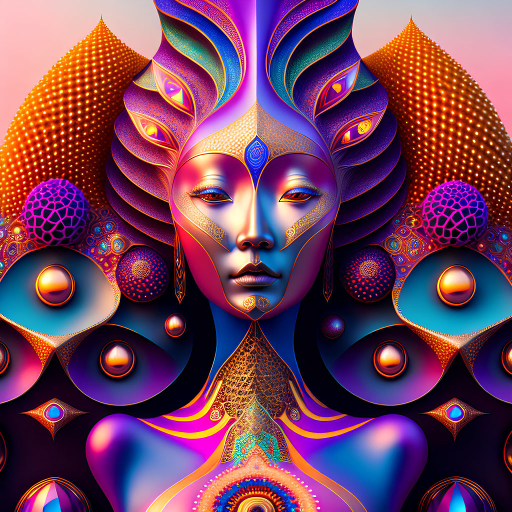 Colorful digital artwork with person in peacock feather headdress.