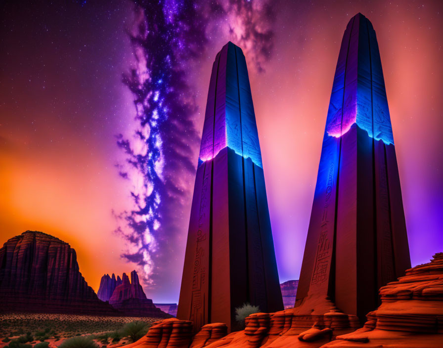 Glowing monoliths with etchings under starry desert sky