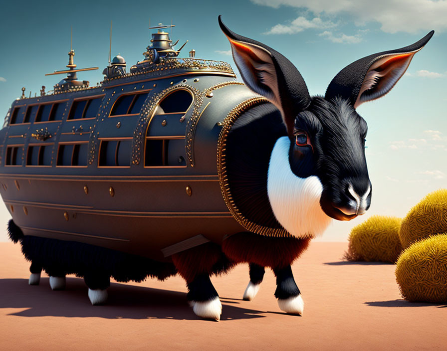 Whimsical digital artwork: Rabbit-ship creature in desert