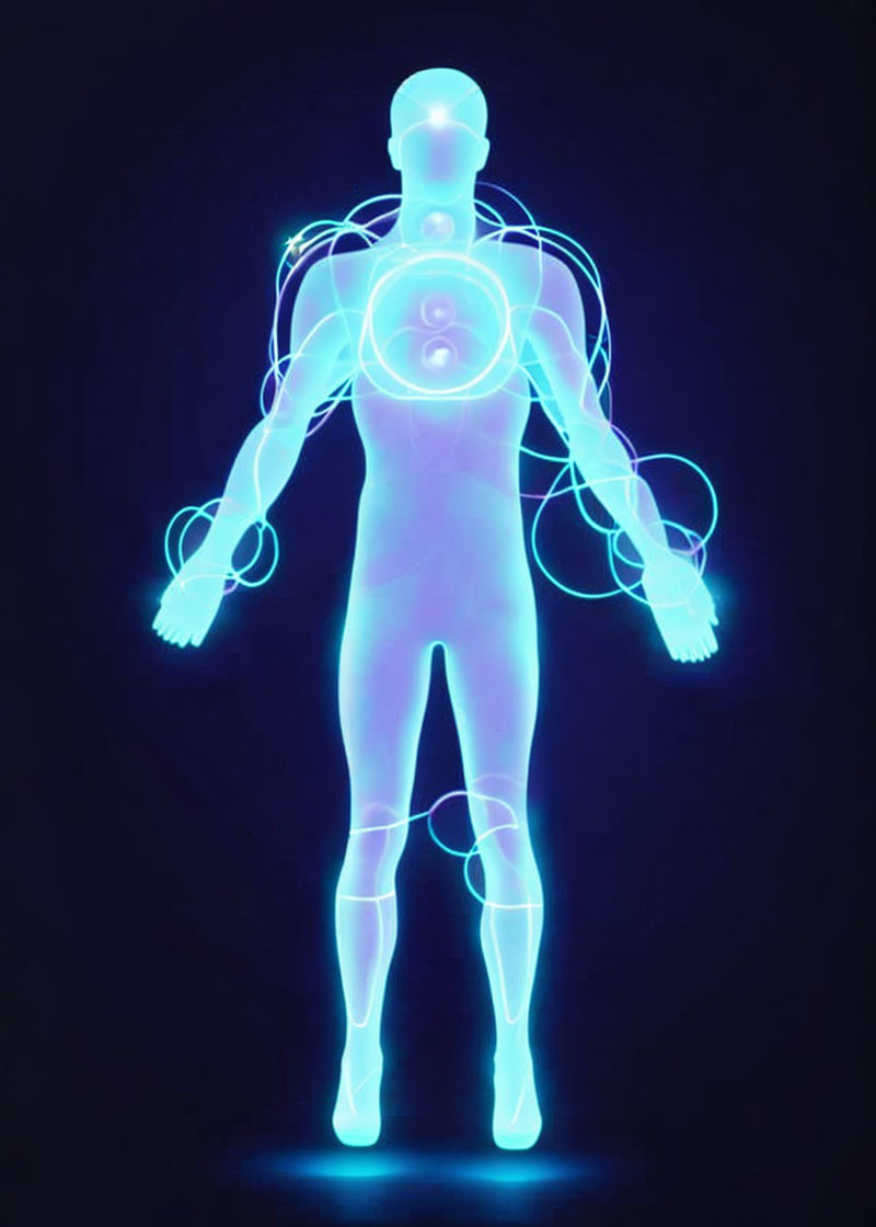 Blue Glowing Human Figure with Energy Circles on Dark Background