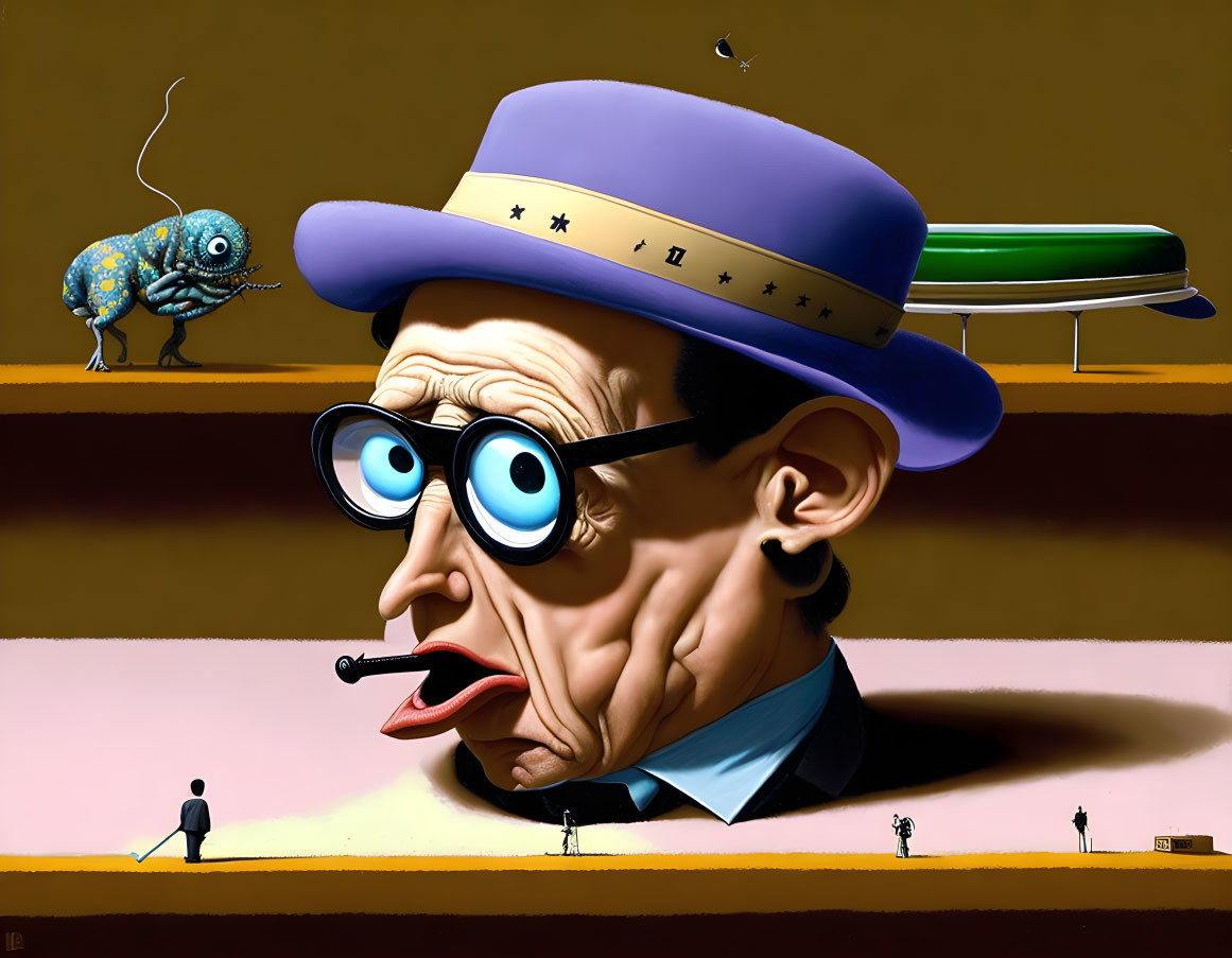 Exaggerated caricature man with long face and pipe in surreal scene