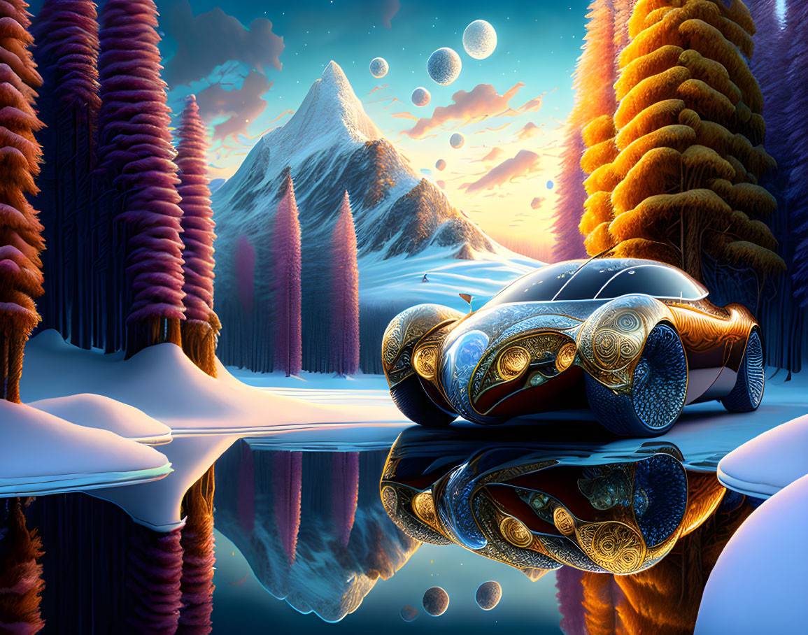 Futuristic car by tranquil lake with vibrant trees and mountain backdrop