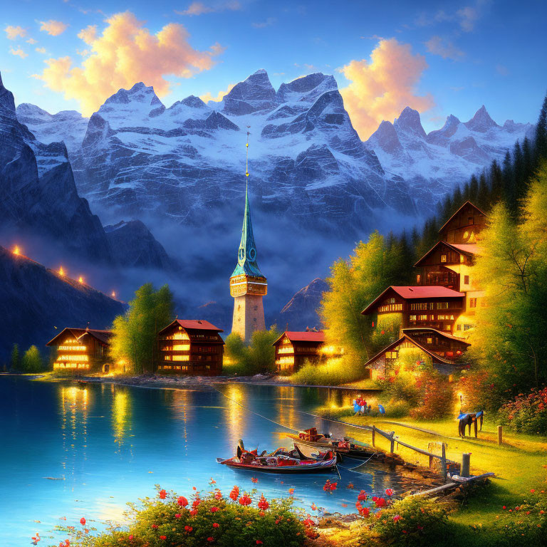 Scenic lakeside village with church spire, chalets, boat dock, flowers, snow-c