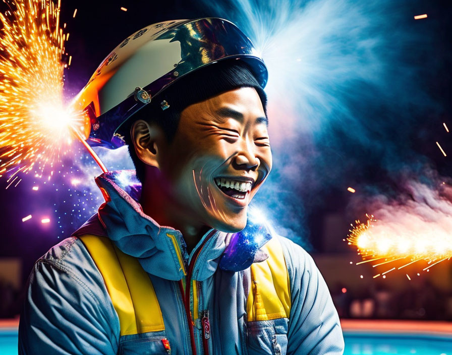 Worker in helmet and safety vest with sparklers and colorful lights.