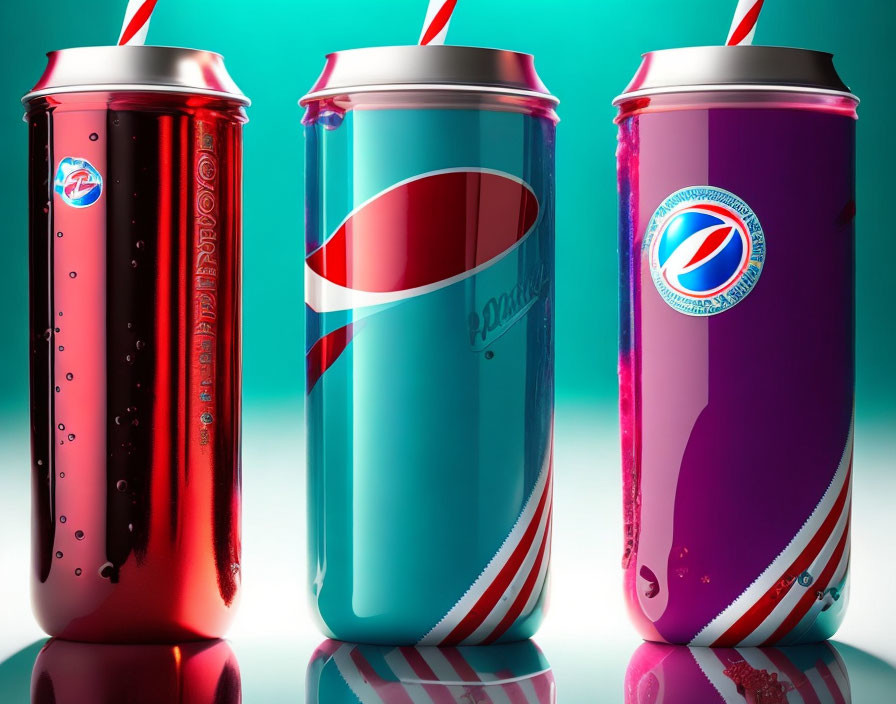 Colorful Pepsi cans with vibrant designs and straws on teal background