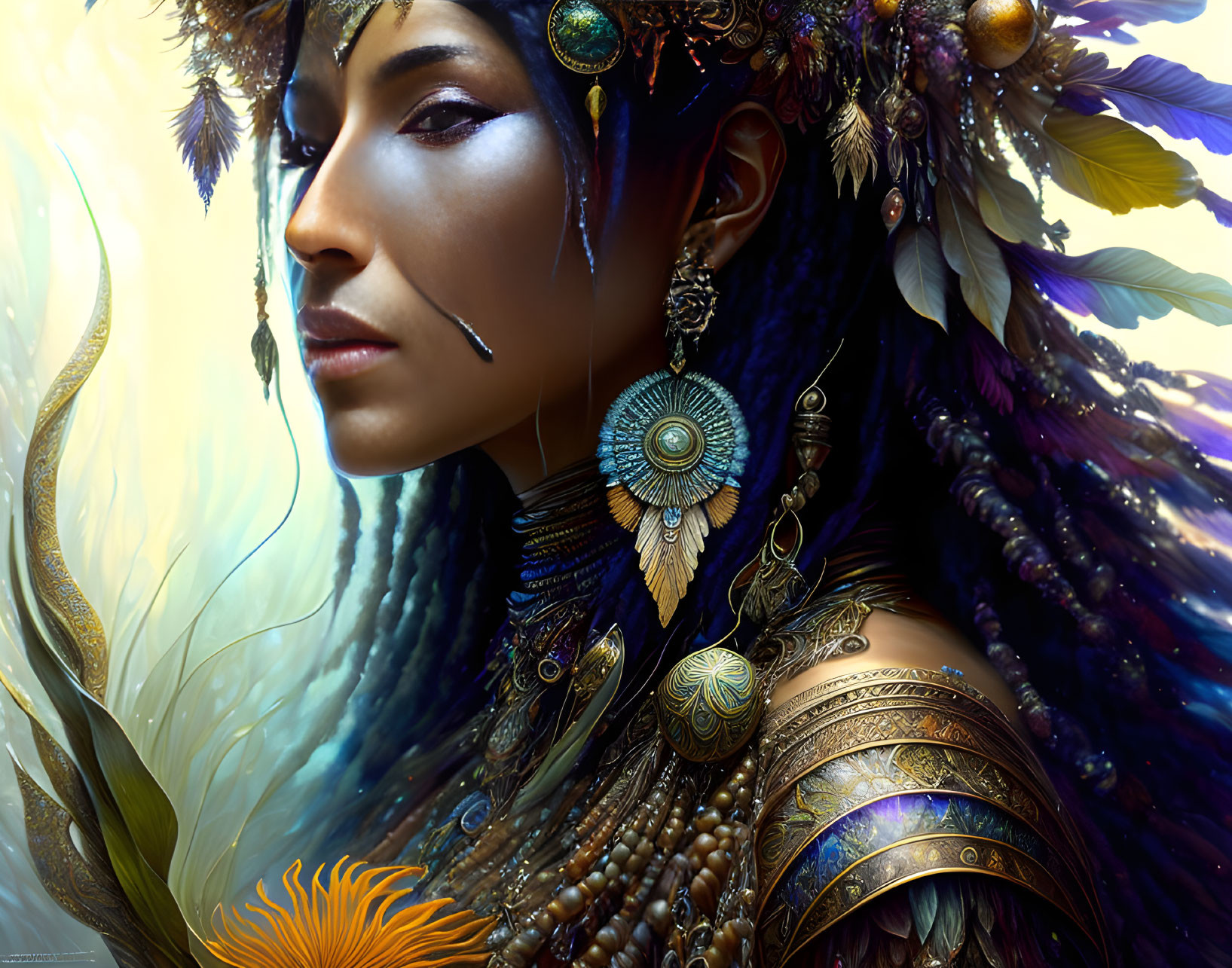 Intricate golden armor and headdress with feathers, beads, and turquoise medallion.