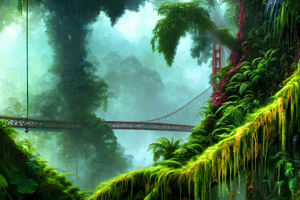 Lush Jungle Scene with Overgrown Bridge and Vibrant Flora