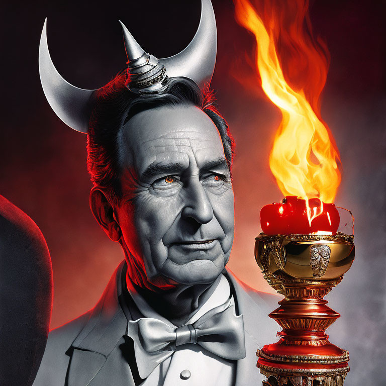 Stylized portrait of man with devil horns in tuxedo and bow tie beside flaming golden gob