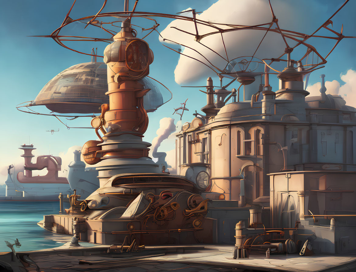 Steampunk cityscape with retrofuturistic buildings and balloon-like structures