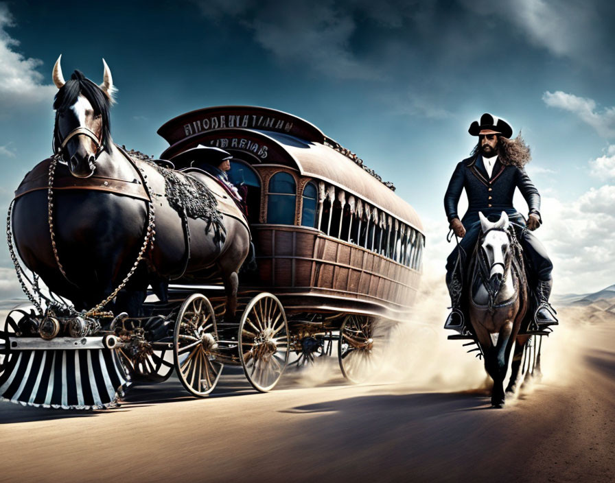 Man in top hat and coat rides horse next to vintage carriage in desert landscape