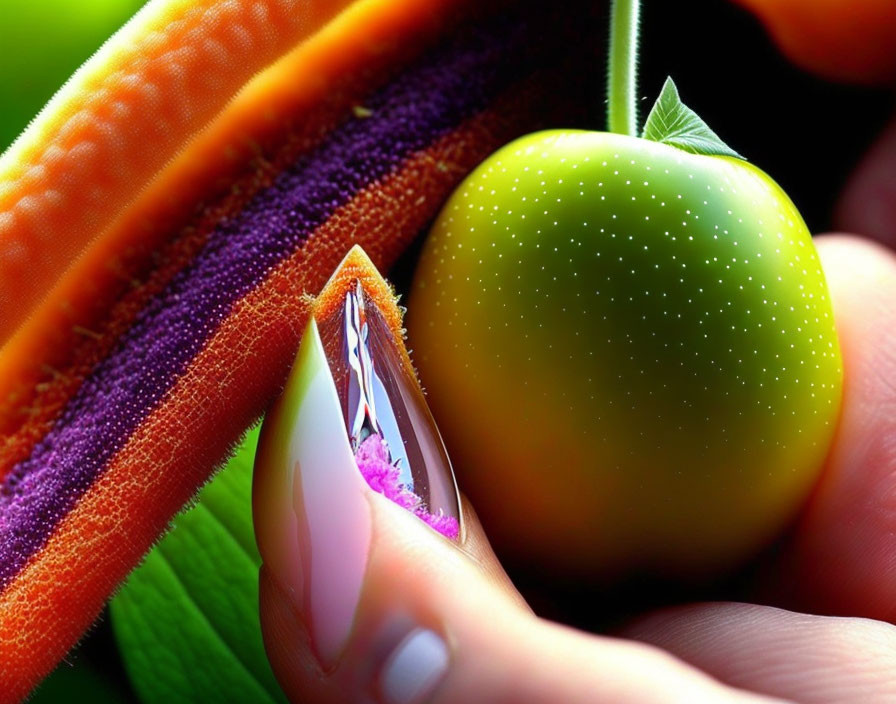 Close-up of hand holding green tomato near colorful fabric textures and landscape reflection in droplet